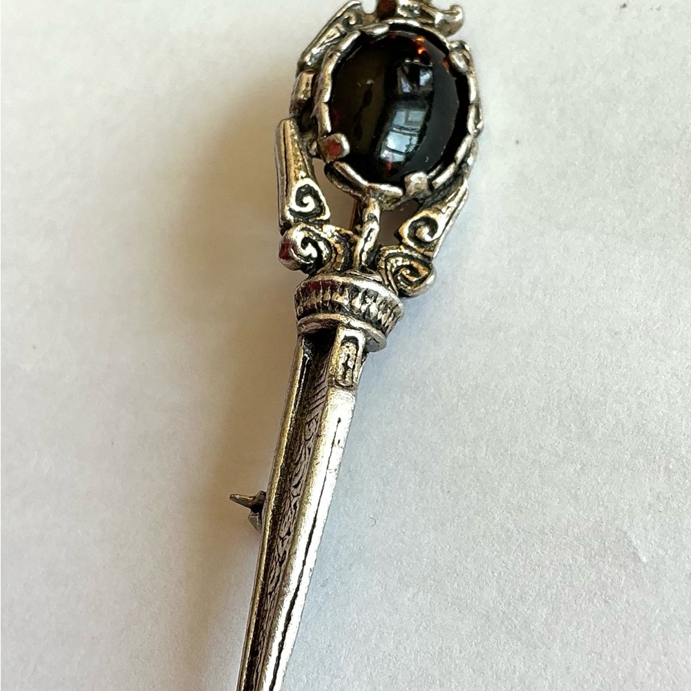 Vintage Miracle Silver Toned Brooch with Dark Amber Stone/glass